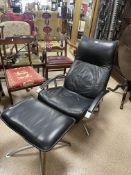 BLACK LEATHER CHAIR WITH MATCHING STOOL