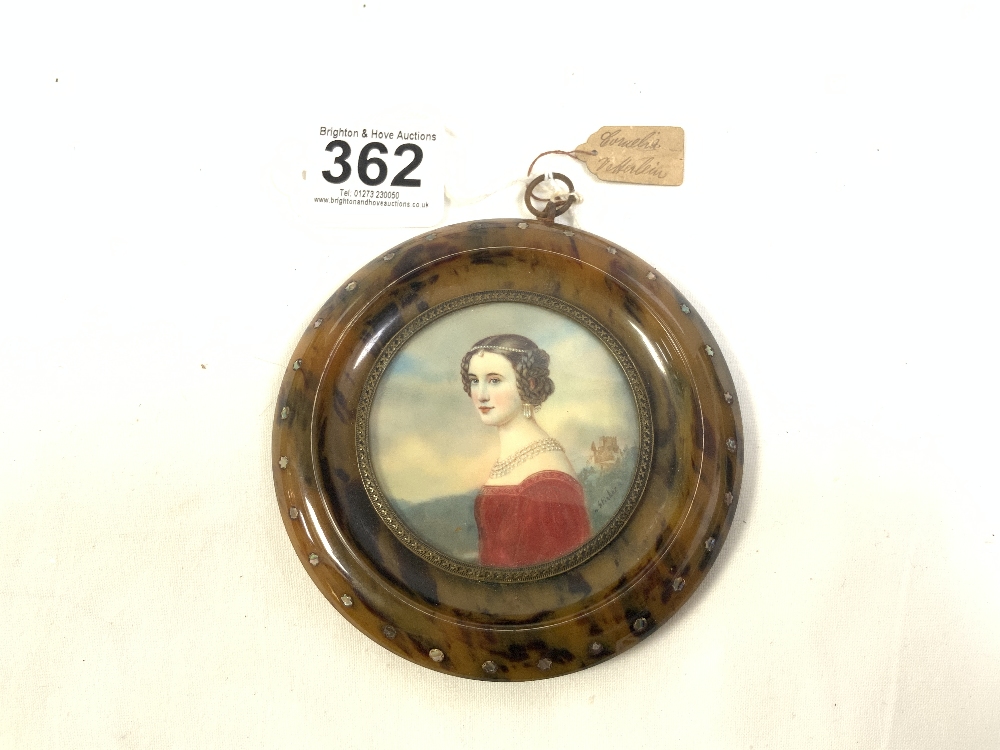 VICTORIAN MINIATURE SIGNED STIELER CASED IN TORTOISE-SHELL AND MOTHER OF PEARL, 12CMS DIAMETER