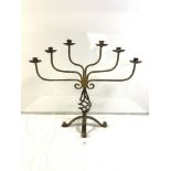 WROUGHT IRON SIX BRANCH CANDELABRUM WITH GILDED PAINT, 55CMS