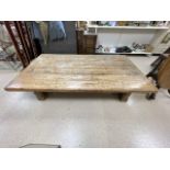 VERY LARGE RUSTIC CHUNKY FRENCH PINE LOW TABLE ON FOUR THICK CHAMFERED LEGS (230 X 120 X 45)