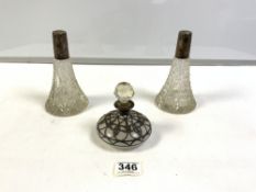 PAIR OF CUT GLASS SCENT BOTTLES WITH HALLMARKED SILVER COLLARS, (NO STOPPERS), 16CMS, AND A SMALL