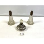 PAIR OF CUT GLASS SCENT BOTTLES WITH HALLMARKED SILVER COLLARS, (NO STOPPERS), 16CMS, AND A SMALL