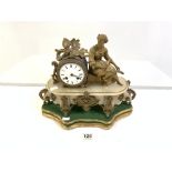 A 19TH CENTURY FRENCH ALABASTER AND GILT METAL FIGURAL MANTLE CLOCK ON GILTWOOD STAND