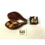 ANTIQUE MEERSCHAUM PIPE (CASED) WITH A VINTAGE MATCHBOX HOLDER, DONALD DUCK