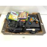 X BOX CONSOLE AND TWO CONTROLS, WITH EIGHT GAMES