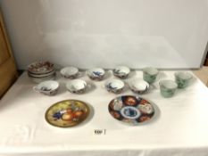 JAPANESE IMARI PATTERN EGG-SHELL TEA CUPS AND SAUCERS, THREE ORIENTAL GREEN PORCELAIN CUPS, AND A