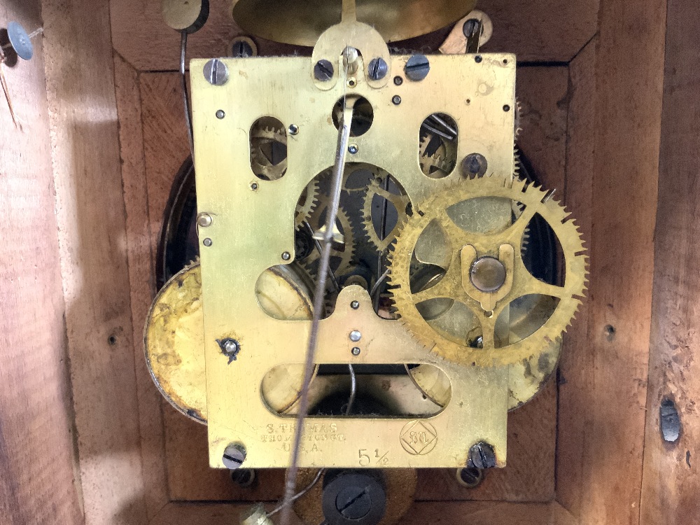 A 19TH-CENTURY WALNUT AND EBONISED MANTLE CLOCK, ENAMEL DIAL (A/F), MOVEMENT MADE BY S.THOMAS, - Image 4 of 5