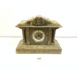 LATE VICTORIAN GREEN ONYX MANTLE CLOCK WITH GILT METAL PILLAR AND PLAQUE MOUNTS