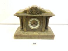 LATE VICTORIAN GREEN ONYX MANTLE CLOCK WITH GILT METAL PILLAR AND PLAQUE MOUNTS