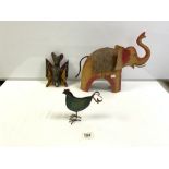 PAINTED TIN MODEL OF AN ELEPHANT AND A COCKEREL AND A PAINTED WOODEN BAT WALL MOUNT