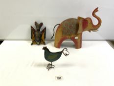 PAINTED TIN MODEL OF AN ELEPHANT AND A COCKEREL AND A PAINTED WOODEN BAT WALL MOUNT