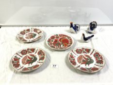 FOUR VINTAGE HAND-PAINTED LOMONOSOV IMPERIAL PORCELAIN ROOSTER PLATES, ST PETERSBURG, 19.5CMS AND