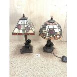 A PAIR OF TIFFANY-STYLE TABLE LAMPS WITH LEADED LIGHT SHADES, THE TALLEST 38CMS