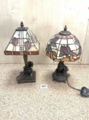 A PAIR OF TIFFANY-STYLE TABLE LAMPS WITH LEADED LIGHT SHADES, THE TALLEST 38CMS