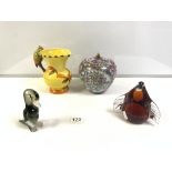 WADE HEATH PARROTT JUG, MODERN CHINESE JAR, WEDGWOOD GLASS PENGUIN, AND A GLASS DUCK