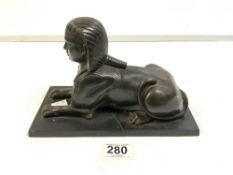 LATE 19TH-CENTURY/EARLY 20TH-CENTURY, BRONZE EGYPTIAN STYLE SPHINX ON MARBLE BASE (CRACKED)