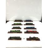 TEN MODEL TRAINS - MOUNTED FOR DISPLAY, INCLUDES 'THE GENERAL', 'KING HENRY VII', 'DUTCHESS OF