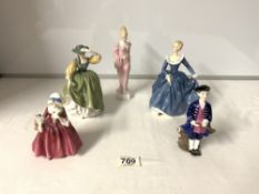 FIVE ROYAL DOULTON FIGURES - BOY FROM WILLIAMSBURG HN2183, LAVINIA HN1955, DAPHNE HN2288,