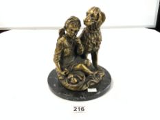 A 20TH-CENTURY POLISHED BRONZE GROUP OF A GIRL EATING FRUIT WITH A RETRIEVER DOG, 23CMS