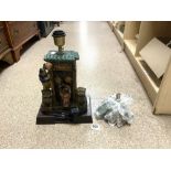 CHINESE CERAMIC TABLE LAMP IN THE FORM OF FIGURES AND FOO DOGS AT THE TEMPLE DOOR (32CMS), AND A