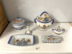 QUIMPER FRANCE - TWO FLORAL DECORATED TUREENS, OVEN DISH, BUTTER DISH, SMALL POT AND CANDLESTICK