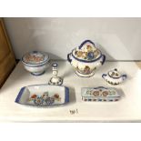 QUIMPER FRANCE - TWO FLORAL DECORATED TUREENS, OVEN DISH, BUTTER DISH, SMALL POT AND CANDLESTICK
