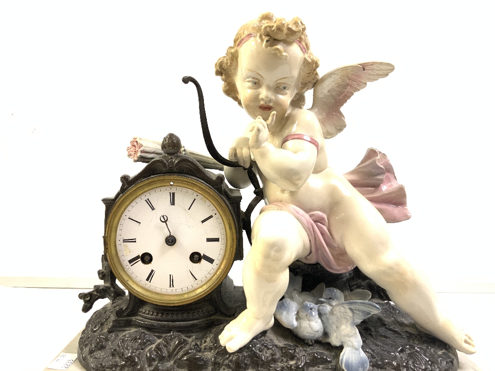 JAPY FRERES MANTLE CLOCK, WHITE MARBLE BASE WITH A CHERUB A/F ON A BRASS PLINTH WITH LION PAW - Image 2 of 7