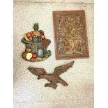 ANTIQUE CARVED PINE GRAPE AND PINEAPPLE PANEL MOUNTED, 52 X 34CMS, CARVED PINE EAGLE WALL MOUNT, AND