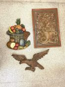 ANTIQUE CARVED PINE GRAPE AND PINEAPPLE PANEL MOUNTED, 52 X 34CMS, CARVED PINE EAGLE WALL MOUNT, AND