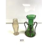 ART NOUVEAU IRIDESCENT GREEN GLASS POSY VASE WITH PEWTER MOUNTS, 19CMS, AND AN IRIDESCENT CLEAR