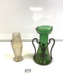 ART NOUVEAU IRIDESCENT GREEN GLASS POSY VASE WITH PEWTER MOUNTS, 19CMS, AND AN IRIDESCENT CLEAR