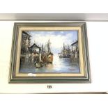 20TH CENTURY FRAMED OIL ON CANVAS OF FISHING BOATS AT A HARBOUR, 39 X 29CMS