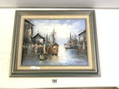 20TH CENTURY FRAMED OIL ON CANVAS OF FISHING BOATS AT A HARBOUR, 39 X 29CMS