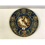 LATE 19TH CENTURY AUSTRIAN MAJOLICA CHARGER WITH EMBOSSED NUDE LADY AND CHERUB AND BORDER, 40CMS