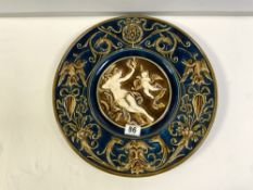 LATE 19TH CENTURY AUSTRIAN MAJOLICA CHARGER WITH EMBOSSED NUDE LADY AND CHERUB AND BORDER, 40CMS