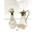 HALLMARKED SILVER COLLAR CUT GLASS DECANTER BY COOPER BROTHERS 1923, 30CMS WITH A SILVER-PLATED