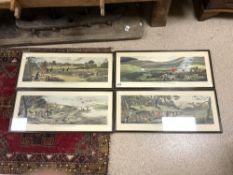 A SET OF FOUR COLOURED ENGRAVINGS OF GAME BIRD SHOOTING IN HOGARTH FRAMES, 64 X 22CMS