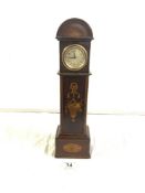 MINIATURE MARQUETRY INLAID MAHOGANY LONGCASE CLOCK, WITH GERMAN WIND MOVEMENT, 39CMS