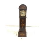 MINIATURE MARQUETRY INLAID MAHOGANY LONGCASE CLOCK, WITH GERMAN WIND MOVEMENT, 39CMS