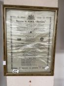 ANTIQUE SILK DATED 1917 CELEBRATING THE SUCCESS TO HMS HAWKINS BEING LAUNCHED BY PHILLIP THOMPSON