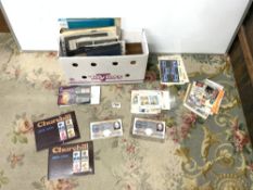 TWO OLD £1 NOTED WITH CHURCHILL ON, QUANTITY OF CHURCHILL STAMPS, STAMP ALBUM, PHOTO ALBUM, AND