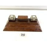VINTAGE LEATHER DOUBLE INKSTAND, 30CMS