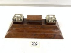 VINTAGE LEATHER DOUBLE INKSTAND, 30CMS