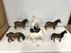 FOUR BESWICK HORSES, A ROYAL DOULTON WHITE HORSE, AND A 'SPIRIT OF THE WILD HORSE' FIGURE