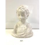 A PLASTER BUST OF A CHILD - 9925 IMPRESSED ON THE BACK, 38CMS