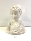 A PLASTER BUST OF A CHILD - 9925 IMPRESSED ON THE BACK, 38CMS