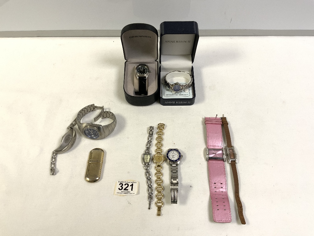 LADIES QUICKSILVER QUARTZ WRISTWATCH, A GENTS DITTO, EMPORIO ARMANI LADIES WRISTWATCH AND OTHER