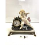 JAPY FRERES MANTLE CLOCK, WHITE MARBLE BASE WITH A CHERUB A/F ON A BRASS PLINTH WITH LION PAW