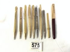 GOLD-PLATED PARKER PENS, YARDO PENCIL, AND CONTINENTAL SILVER PENS
