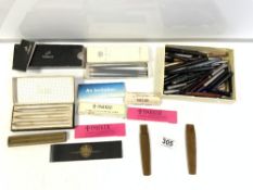 QUANTITY OF FOUNTAIN PENS, PARKER, SWAN, AND OTHERS, SPARES AND BOXES